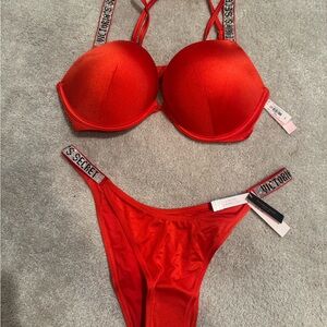 Victoria's Secret Red Bombshell push up shine strap Set swim